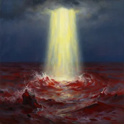 a beautiful painting of a suspirium shining its light across a tumultuous sea of blood by greg rutkowski and thomas kinkade, trending on artstation