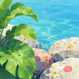 tropical leaves, and flowery rocks next to rippling clear blue water, bright colorful, zen, minimalist, sunny environment, highly detailed, realistic, up close shot shinji aramaki, karol bak, alphonse mucha