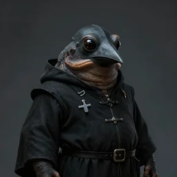 a portrait, a plump amphibious humanoid wearing a pointy bird style black plague doctor mask, wearing black medieval robes, medical doctor, style by donato giancola, wayne reynolds, jeff easley dramatic light, high detail, cinematic lighting, artstation, dungeons and dragons