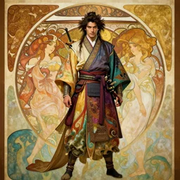 wide angle full body portrait shot of a handsome samurai wearing flowing colourful clothes, highly detailed face, detailed eyes, alphonse mucha, rhads, ross tran, artstation, artgerm, octane render, 1 6 k