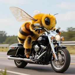 giant bee on a Harley Davidson on the road, funny picture