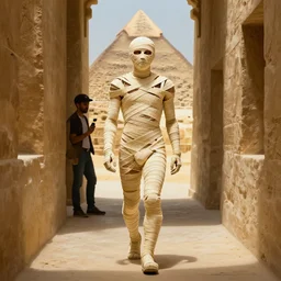 a mummy walking down a hallway in a Pyramid, face portrait, raphael lacoste, eddie mendoza, alex ross, concept art, matte painting, highly detailed, rule of thirds, dynamic lighting, cinematic, detailed, denoised, centerd