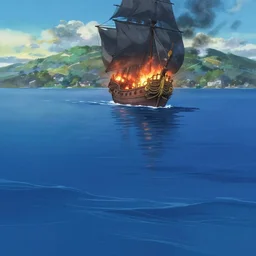Anime blue water with victorian ship on fire, far away, landscape, scenery, Cushart Krenz, Shinkai Makoto, by Lluluchwan, lots of details, highly detailed, 4k