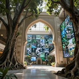 Hyper realistic. The large museum space with the big Islamic arch made of roots of trees . Cinematography, mega scans,sloped site, cinematic, hyper realistic,photorealistic, cinematic composition, highly detailed, vray, 8k render