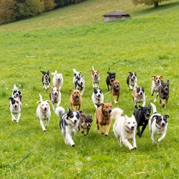 twenty dogs running in a field in switzerland