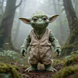 yoda with long arms and legs standing in a forest with fog