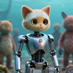 film still from the movie chappie of the robot chappie shiny metal outdoor pacific ocean underwater scene bokeh depth of field several figures furry anthro anthropomorphic stylized cat ears head android service droid robot machine fursona
