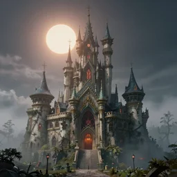 a highly detailed photo of a solarpunk castle surrounded by a mist shot during a solar eclipse on 3 0 mm film painted by alena aenami, rendered in unreal engine