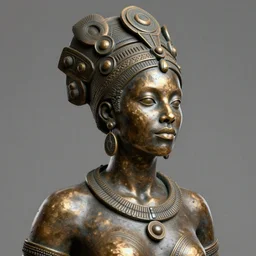 a woman wearing a headdress and a necklace, a bronze sculpture by Bastien Lecouffe-Deharme, trending on cgsociety, afrofuturism, zbrush, daz3d, detailed painting