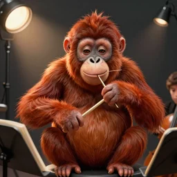 An adorable whimsical orangutang conducting an orchestra, highly detailed, digital painting, artstation, concept art, smooth, sharp focus, studio light, by Pixar and Disney and Justin Gerard,