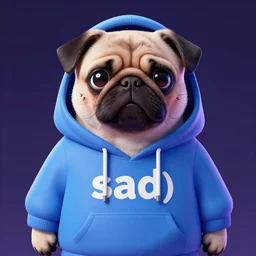 a sad pug wearing a hoodie, the word ( sad ) is typed on the hoodie in upper case letters, digital art, synthwave style, trending on artstation, matte painting