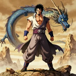 an anime image in the style of dragonball. it is of a man and a dragon, the figure looming above a rocky, barren landscape. the warrior is in tattered robes, his hair and beard done up in a style that looks somewhat elvis - like.