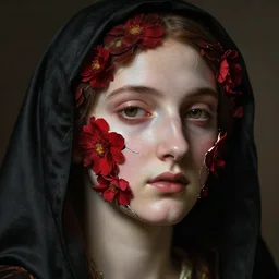 hyperrealism close - up mythological portrait of an exquisite medieval woman's shattered face partially made of scarlet flowers in style of classicism, wearing black silk hood, dark palette