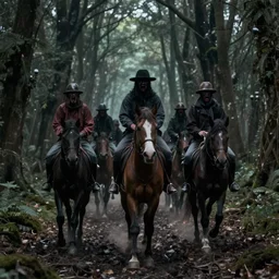 riders on horseback entering the uncanny valley, still from a horror movie, eerie, 4 k