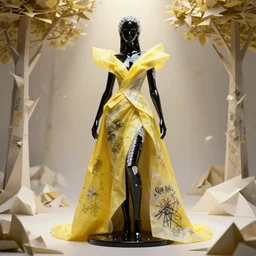 sculpture of a beautiful young female super model resembling violet chachki made out of black onyx ceramic and white diamond wearing a yellow tissue paper and onyx geometric gown by issey miyake, paper graffiti, trees made out of origami, ethereal, fantasy, lawrence alma tadema, james jean, oozium, peter morbacher, angelarium, alchemy, luxury, heavenly light, soft illumination, cinematic lighting, very detailed, 3 d octane render, artgerm, trending on artstation, cgi society