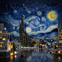 A porcelain city model at a starry night, city led lights, tilt shift, high contrast, reflections, VRAY renderer, pristine quality wallpaper