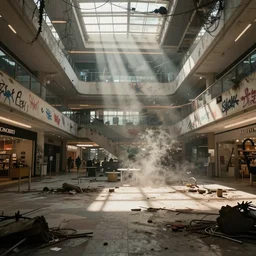 photo realistic!! a rundown mall interior with hanging wire and graffiti, very detailed, slightly smokey, unreal engine