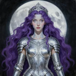 painting of gorgeous prophetess of the moon, silver filigree armor and tiara, moon above head, purple wavy hair, smooth translucent skin, wide striking eyes, beautiful! coherent! symmetrical body, by brom, by junji ito, by brian froud, strong line, high contrast, muted color, preraphaelite style, 4 k, trending on artstation
