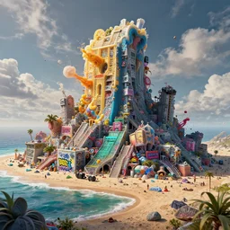 an impressive ominous cinematic shot of a plastic beach island caustics cumulo volumetric dynamic fluid simulation lighting impressive masterpiece graffiti hyper perspective textured detailed intricate sharp focus 8 k realistic illustration canon eos r 3 fujifilm x - t 3 0 sony alpha, by james gurney tooth wu artgerm colorful