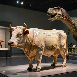 dinosaur museum style reconstruction of a cow, shrink wrapped, low fat levels, realism