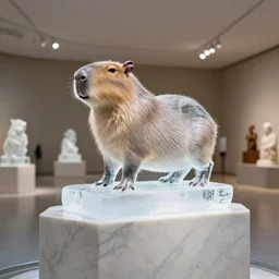 ice carving of a capybara set up on a marble pillar at a modern museum, brightly lit