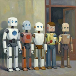 robots queue up for ice cream, grant wood, pj crook, edward hopper, oil on canvas