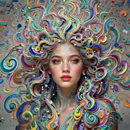 A portrait of a very beautiful goddess with hair radiating an artwork of multicolored swirling paint and impasto by WLOP and James Jean , houdini volumetric displacement by Lee Griggs, volume noise, hyperrealism, subsurface scattering, arnold render, 8k,  xparticles