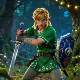 epic cinemati shot of Timothee Chalamet starring as Link from Legend of Zelda, 8k movie scene, elf ears, long blonde hair, +++ super super super dynamic posing, super serious facial expression, holding a sword & shield, ocarina of time movie, concept photos, dynamic lighting, dynamic shaders, night time, in the forest, fairy light above