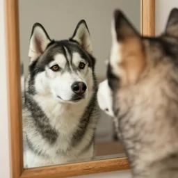 husky looking curiously into a mirror