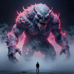 a gigantic terrifying space monster, neon fog, hyperrealism, richard estes, alan bean, noriyoshi ohrai