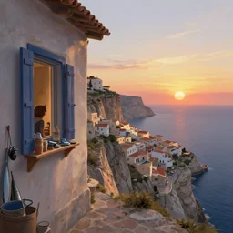 looking out a house window on a cliff, fishing supplies on shelf near window, wide angle, sunset, a mediterranean phoenician fishing village below, over a chalk cliff, highly detailed, digital painting, artstation, concept art, sharp focus, illustration, art by artgerm and greg rutkowski and raphael lacoste and magali villeneuve