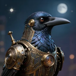 a stunning fantasy portrait of an art - deco mechanical steampunk crow, closeup | highly detailed | very intricate | disney | artdeco steampunk | dramatic magical | bokeh moon stars | professional cinematic lighting | award - winning | painted by beeple and donato giancola and rhads | richcolor palette | featured on artstation