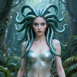 half body portrait of a beautiful cyber witch medusa, in a cyberpunk garden, mystic unity, elegant pose, body covers with neon crystals, detailed sketch drawing, concept art, star wars