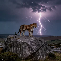 a panther on a granite rock outcrop in dartmoor national park, during a lightning storm, dramatic lighting, cinematic, epic