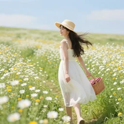 girl straw hat and airy sundress exploring field of flowers. girl is holding picnic basket with hair flowing in the wind. beautiful picturesque sunny summer day. this scene looks like my dreams. she is happy to be in the most heavenly flower field ever. crystanthemums and grasses blowing in the gentle breeze. light colors. beautiful pastel painting.