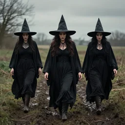 witches walking through a muddy field