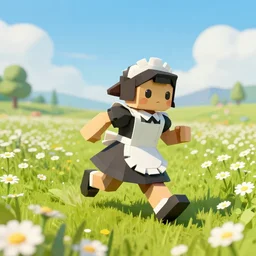 ( ( low poly ) ) ( ( playstation ) ) running ( ( anthropomorphic ) ) ( ( lurantis ) ) ( maid ) wearing a hat ( standing ) in a ( field of daisies ), mount coronet in the distance illustration by ruan jia on artstation