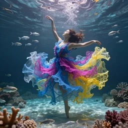 woman dancing underwater wearing a flowing dress made of many translucent layers of blue, magenta, and yellow lace seaweed, delicate coral sea bottom, swirling silver fish, swirling smoke shapes, silver and gold, unreal engine, caustics lighting from above, cinematic, hyperdetailed