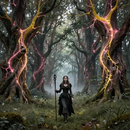 a gothic elf woman of old walking through an open field with her staff in a beautiful forest of ancient neurons with yellow and pink glowing synapses running throughú the forest, huge incredibly immense trees, highly detailed, hyperrealism, trending on art station, ancient forest like fanal forest or fangorn forest, misty forest, realistic painting, sharp image, hyper realistic art, cinematic, art by konstantin razumov, chiaroscuro