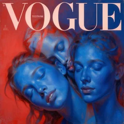 3 d, sci - fi, morning, sleepy fashion model face, happy blue faces, sun, cinematic, vogue cover style, poster art, light red and deep blue mood, realistic painting, intricate oil painting, high detail, figurative art, multiple exposure, poster art, 3 d, by tooth wu and wlop and beeple and greg rutkowski