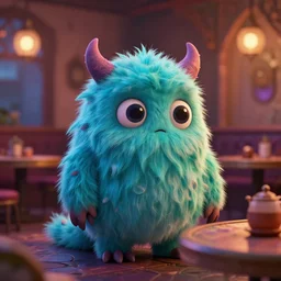 little fluffy monster in a cozy iranian cafe. upcoming 3 d animation by an indie studio, rimlighting, depth of field, limited but vibrant palette, intricate details, gothic horror, chiaroscuro, bokeh.