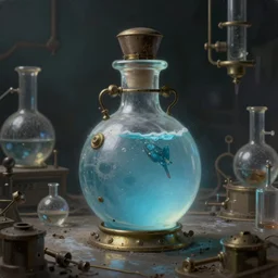 a painting of a steampunk light blue potion bottle in a dark dusty vintage science lab, by h. r. giger, hyperrealistic fantasy art, concept matte, ethereal, dreamy, digital art, trending on artstation, volumetric cinematic lighting