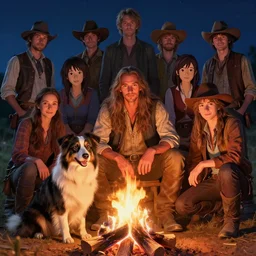 highly detailed portrait of long - haired hillbilly around a bonfire with his fluffy australian shepherd, stephen bliss, art by greg rutkowski, loish, rhads, ferdinand knab, makoto shinkai and lois van baarle, artgerm, pixar, ilya kuvshinov, rossdraws, tom bagshaw, global illumination