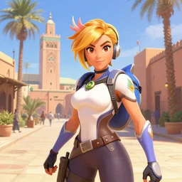 portrait of tracer from overwatch travels in marrakech streets, morocco, palm trees, mosque, highly detailed, digital painting, artstation, concept art, smooth, sharp focus, illustration, art by artgerm and greg rutkowski and alphonse mucha