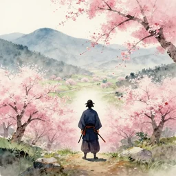 A lone samurai watching over a valley of cherry blossom trees, water color painting, concept art, HD —width 1408