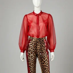 A mannequin wearing a red tulle leather blouse and Leopard pants with red sequins down sides, Studio Lighting