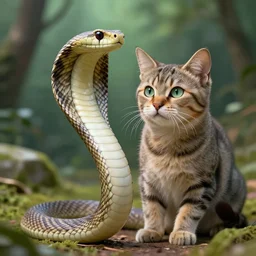 a cat with a cobra snake head in the wild nature HD photo superrealism 3d 8k resolution