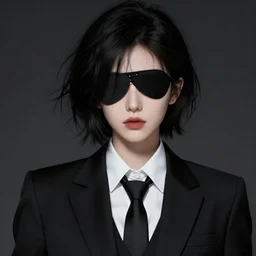 a highly detailed illustration of beautiful short black messy haired woman wearing eyepatch!!!!!!!!!!!! and noir style suit and tie, dramatic smiling pose, intricate, elegant, highly detailed, centered, digital painting, artstation, concept art, smooth, sharp focus, league of legends concept art, WLOP