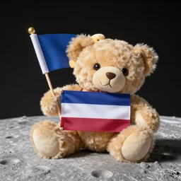 Teddy bears holding a flag on the moon, photorealistic