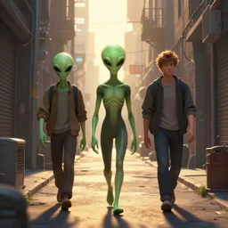 aliens walk in alley in cybercity underbelly, golden hour by tyler edlin and petros afshar and christopher balaskas and marius borgeaud and kiliain eng, global illumination, ambient occlusion, 3 0 mm, well proportioned, highly detailed, rule of thirds